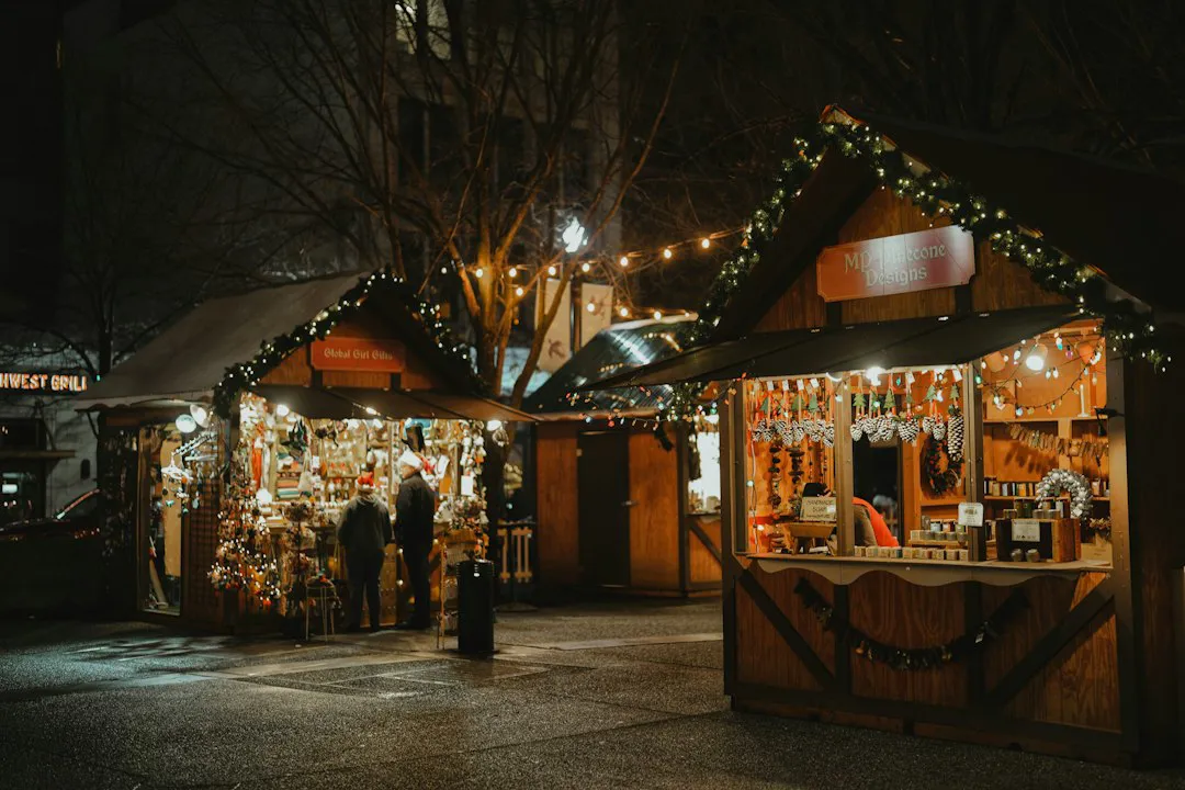Village street lined with Christmas market stalls